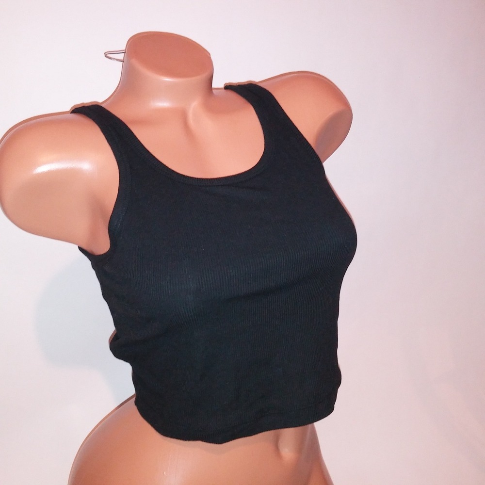 Victoria Secret PINK Tank Top Crop Medium Black Ribbed Solid Shelf Bra Sleeveles